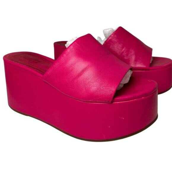 Schutz Hot Pink Leather Platform Wedge Sandals Sz 7.5 Barbie Y2K Chunky Festival - Picture 8 of 16